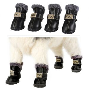 4-pcs Set Puppy Pet Dog Cat Shoes Boots Paw Protectors Winter Warm Water-resistant PU Antiskid Rubber