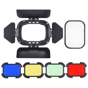 BD-07 Dedicated Barn Door with Removable Honey Comb Grid and 4 Color Filters (Yellow, Green, Red, Blue) for Godox AD200 Pocket Flash
