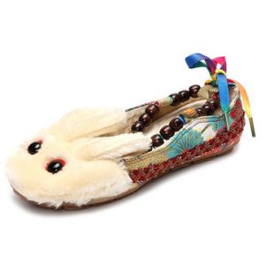 Big Size Colorful Bunny Rabit Cute Beaded Lace Up Vintage Canton Flat Shoes