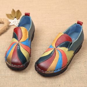 Colorful Splicing Genuine Leather Vintage Soft Sole Flat Shoes