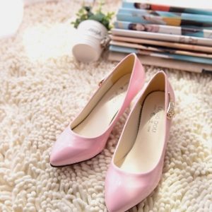 Fashion Women PU Heels Candy Color Low Cut Vamp Pointed Thin Shoes Pink