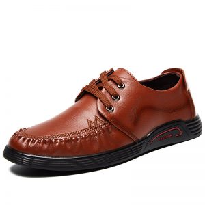 Men Stitcing Moc Toe Lace Up Casual Genuine Cow Leather Shoes
