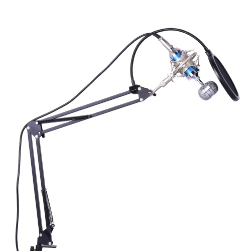 Professional Studio Broadcasting Recording Condenser Microphone Mic Kit Set 3.5mm with Shock Mount Adjustable Suspension Scissor Arm Stand Mounting Clamp Pop Filter