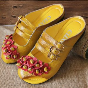 SOCOFY Leather Backless Buckle Flower Soft Flat Lazy Shoes