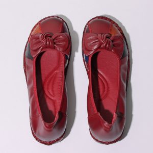 Women Bowknot Leather Color Splicing Soft Sole Vintage Flat Shoes