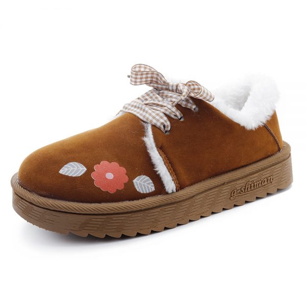 Women Casual Plush Warm Lined Lace Up Microfiber Flower Snow Flat Shoes