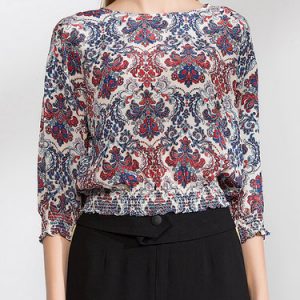 3/4 Sleeve Silk Floral Print Vintage Crew Neck Cropped Top