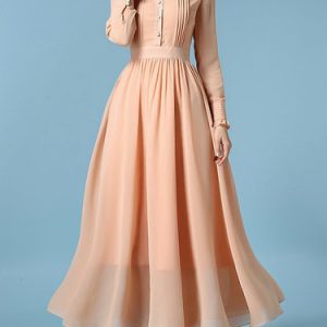 Apricot Frill Sleeve Ruffled Pleated Maxi Dress