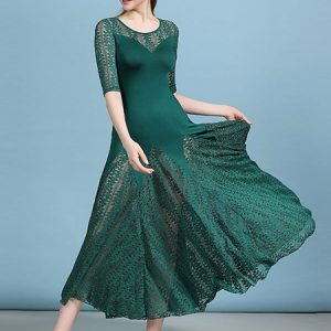Ballroom Dance Costumes Leaf Pattern Lace Cyan Blue Dancer Dress Women Dance Dress