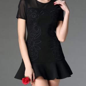 Black A-line Crew Neck Casual Cotton Mini Dress