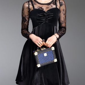 Black A-line Long Sleeve Paneled Velvet Mini Dress