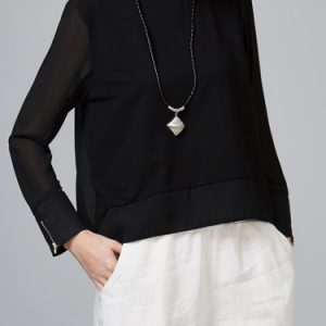 Black Casual High Low Zipper Long Sleeved Top