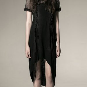 Black Lace Up Casual High Low Crew Neck Midi Dress
