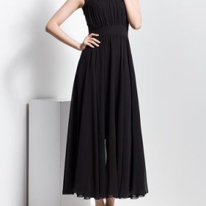 Black Shirred Sleeveless Swing Crew Neck Maxi Dress