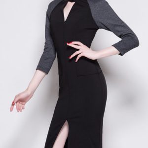 Black Slit Sheath Stand Collar Elegant Midi Dress