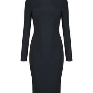 Black Solid Sexy Zipper Crew Neck Midi Dress