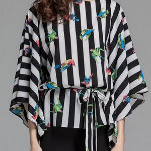 Black Strips 3/4 Batwing Bird Pattern Chiffon Blouse