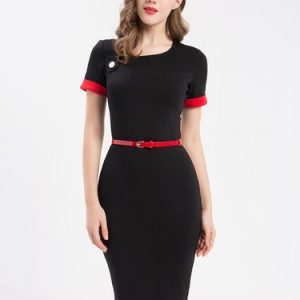 Black Vintage Short Sleeve Color-block Midi Dress with Belt