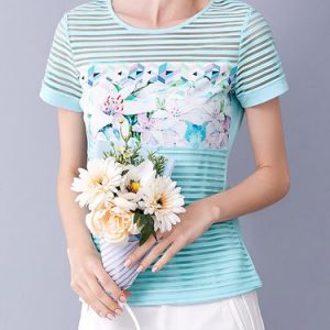 Blue Casual Crew Neck Cotton Printed T-Shirt