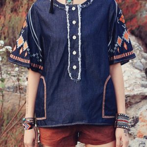 Blue Geometric Embroidered Casual Short Sleeved Top
