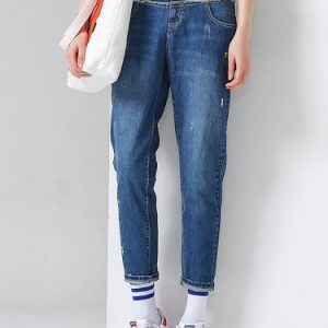 Blue Plain Casual Printed Denim Straight Leg Pants
