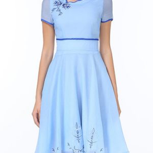 Blue Vintage Floral Swing Short Sleeve Midi Dress
