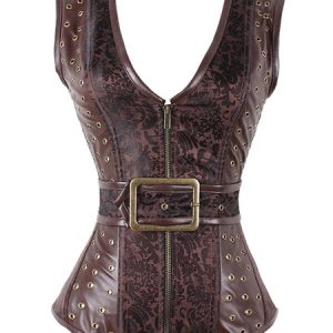 Brown Steampunk Corset Metallic Buckle Grommet Vintage Costume For Women
