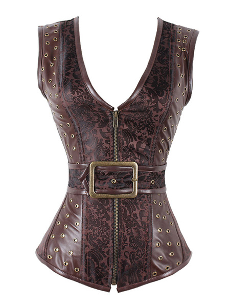 Brown Steampunk Corset Metallic Buckle Grommet Vintage Costume For Women