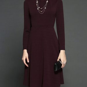 Burgundy Elegant Stand Collar Folds A-line Midi Dress