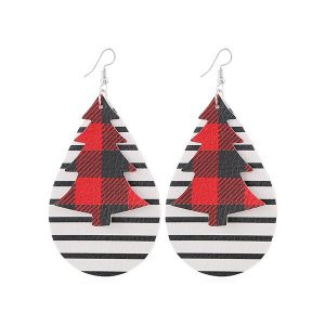 Christmas Tree Leather Striped Water Drop Earrings
