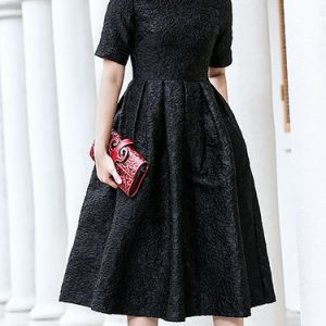 Elegant Embroidered Short Sleeve Crew Neck Midi Dress