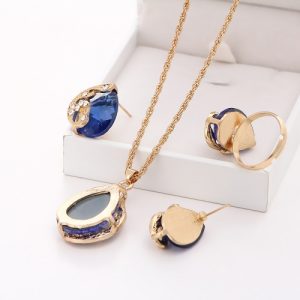 Fashion Gold-plated Jewelry Set Crystal Drop Pendant Peacock Necklace Earrings Ring Three-piece for Female