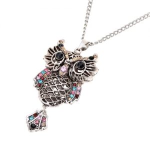 Fashion Vintage Retro Colorful Crystal Rhinestone Hollow Owl Pendant Necklace Sweater Chain Metal Alloy Bird Jewelry for Woman Girl