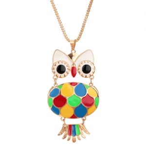 Fashion Vintage Retro Colorful Enamel Owl Pendant Necklace Costume Sweater Chain Metal Alloy Bird Animal Jewelry for Woman Girl