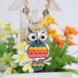 Fashion Vintage Retro Nail Polish Rainbow Multi Color Owl Pendant Necklace Bead Sweater Chain Metal Alloy Bird Jewelry for Woman Girl