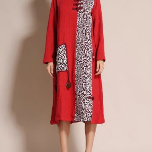 H-line Crew Neck Color-block Long Sleeve Vintage Midi Dress