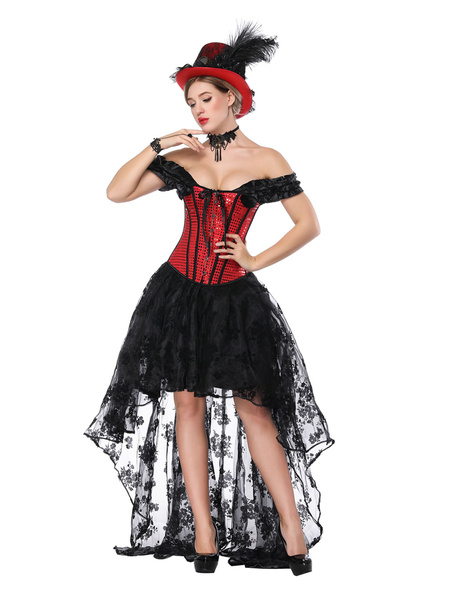 Halloween Costume Gothic Red Vintage Corset Top High Low Skirt For Women