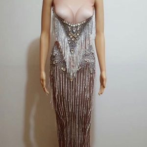 Jazz Dance Costume Sexy Beading Tassels Dresses Women Nightclub Wear Halloween