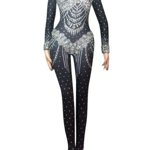 Jazz Dance Costume Sexy Jumpsuits Black Beaded Women Nightclub Wear Halloween