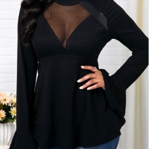 Lace Panel Flare Sleeve Black T Shirt - M