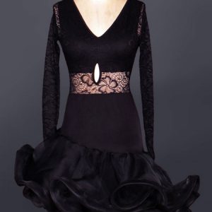 Latin Dance Costume Lace V Neck Long Sleeve Cut Out Two Tone Ruffles Bodycon Latin Dance Dress
