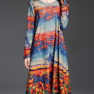 Long Sleeve Shift Printed Casual Midi Dress