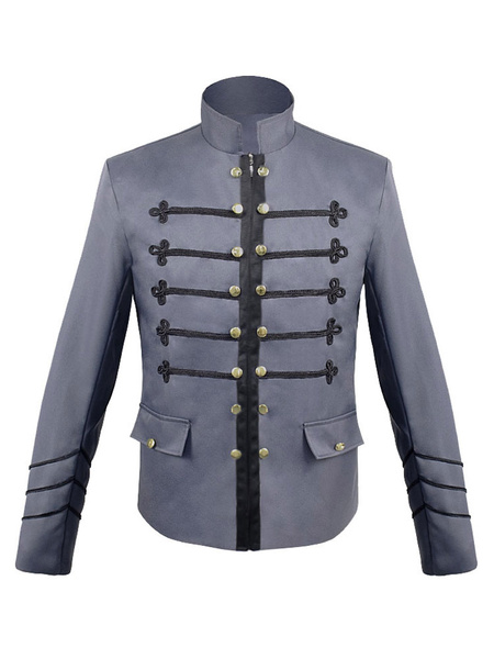 Men Vintage Jacket Button Decor Stand Collar Uniform Costume