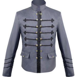 Men Vintage Jacket Button Decor Stand Collar Uniform Costume