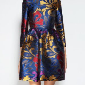 Multicolor 3/4 Sleeve Jacquard Crew Neck Mini Dress