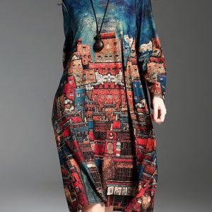 Multicolor Crew Neck Printed Vintage H-line Midi Dress
