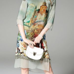 Multicolor Half Sleeve Graphic Keyhole Midi Dress
