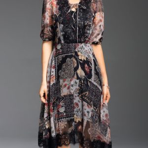 Multicolor Lace Up Vintage Abstract Midi Dress