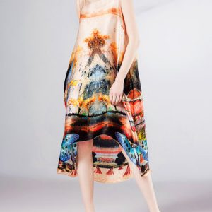 Multicolor Printed Silk Vintage High Low Midi Dress