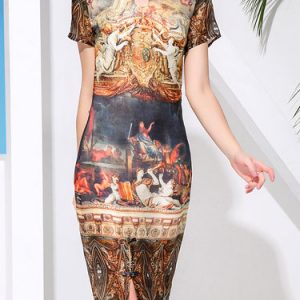 Multicolor Silk Printed H-line Vintage Midi Dress